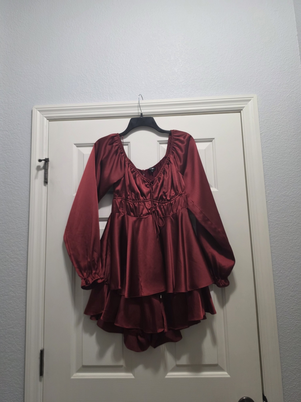 Papermoon Satin Burgundy Tiered Long Sleeve Ruffle Skirt Romper Size Small